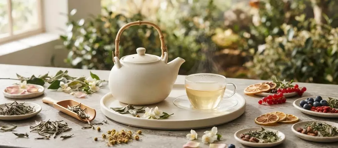Théière blanche et verre de thé dans un jardin, entourés de thés en vrac